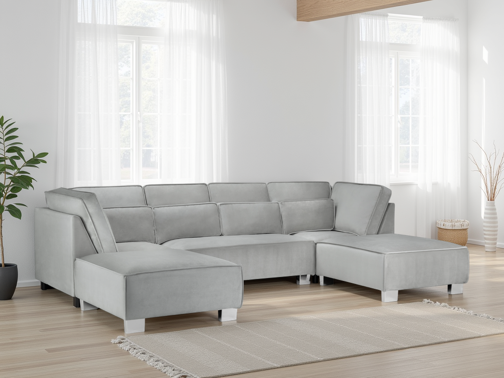 Luxurious Sloane Grey U-Shape Corner Sofa: Deep Seating, Solid Frame Comfort