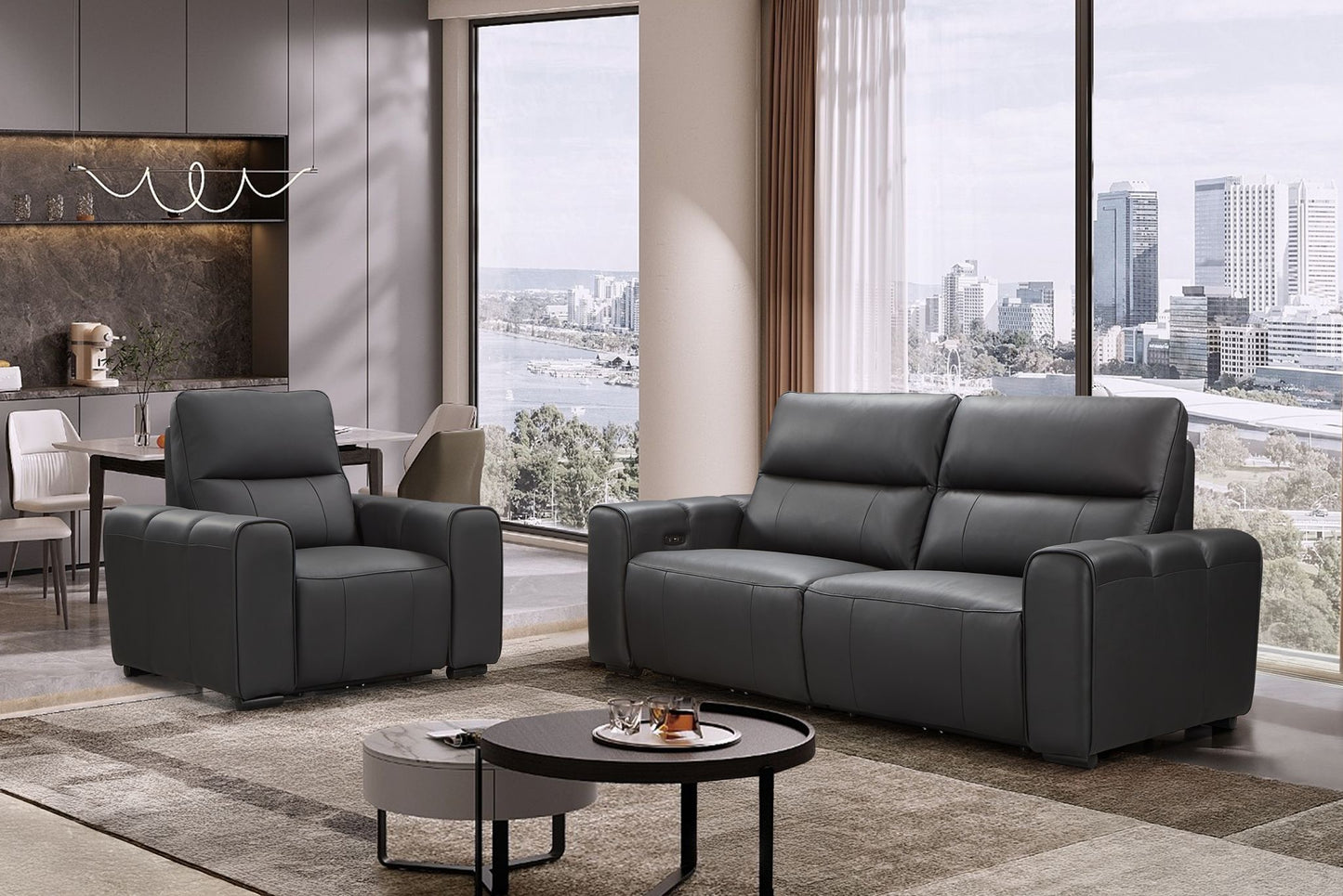 3 & 2 Genuine Leather Black Electric Recliners with USB