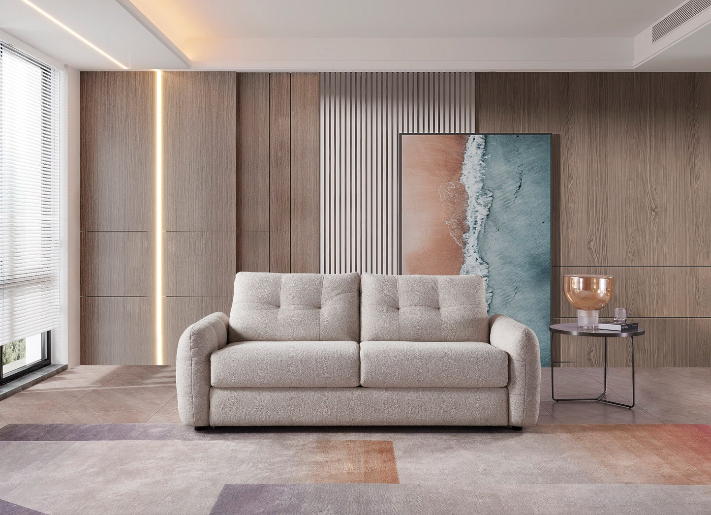 Athens Beige 3-Seater Fabric Sofabed with Tufted Arms & Supportive Mattress