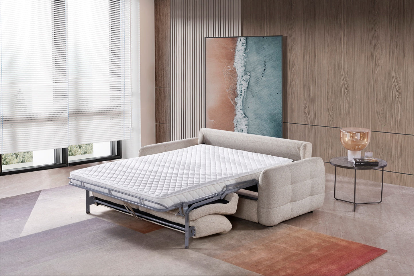 Athens Beige 3-Seater Fabric Sofabed with Tufted Arms & Supportive Mattress