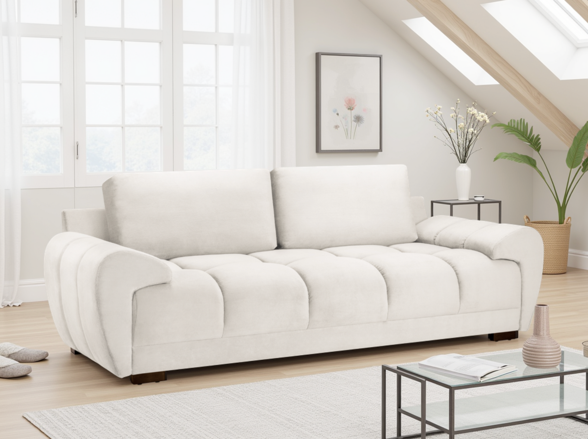 Azzuro Cream 3 Seater Sofa: Plush Velvet, Convertible Sofabed, Smart Storage