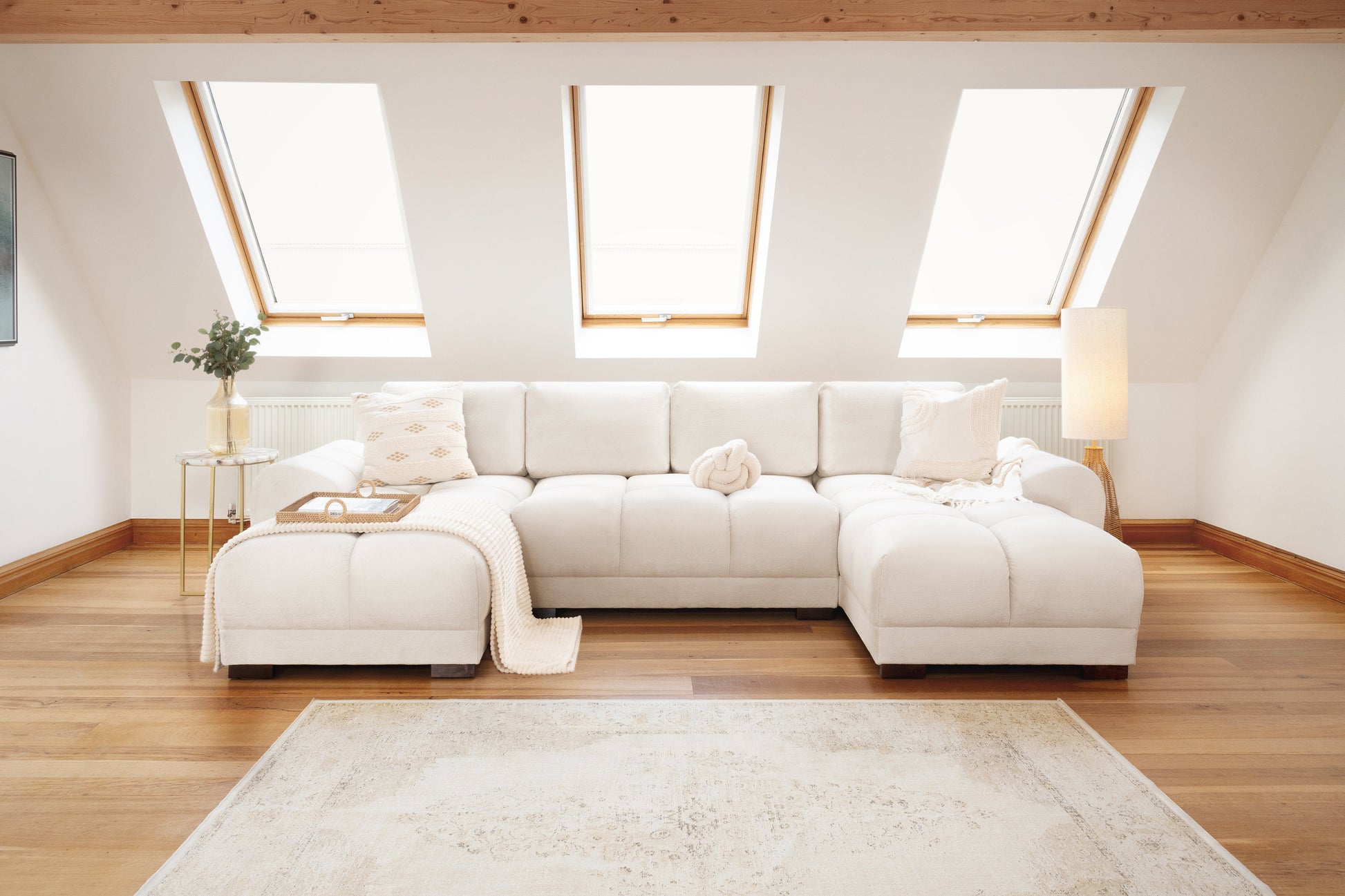 Azzuro Plush Cream Velvet U-Shape Corner Sofa with Anti-Slip Feet