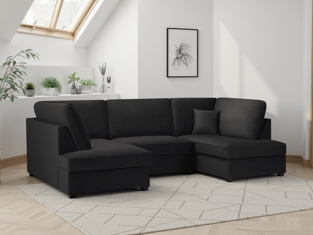 Luxurious Carnaby Plush Black U-Shape Corner Sofa for Ultimate Comfort