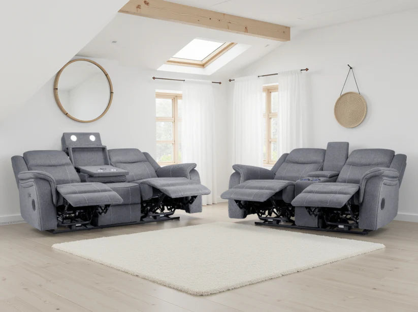 Galaxy Tech Electric Recliner Sofa Grey Fabric 3+2 Set